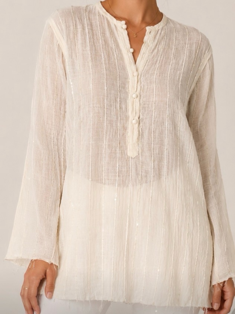 Maiwa Ivory Sheer Gauze Sequin Pintuck Tunic Blouse Top S